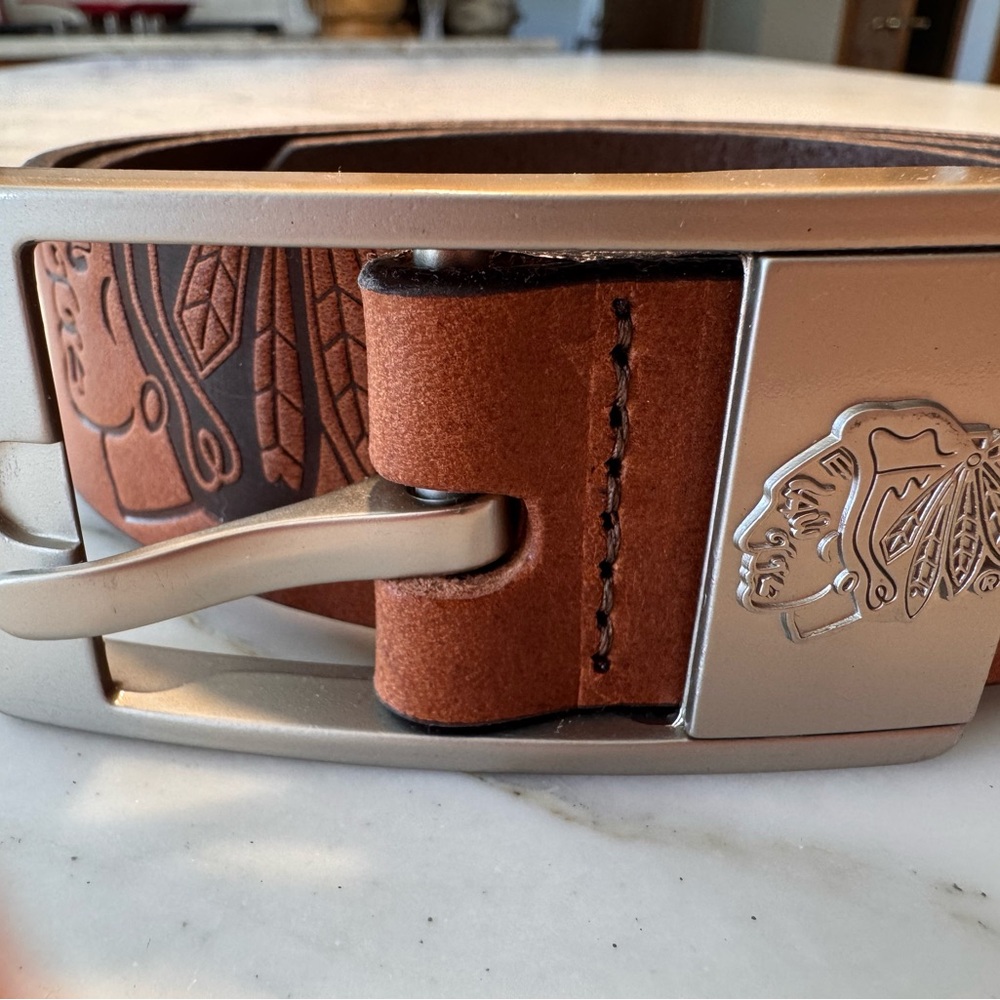 NHL Chicago Blackhawks Brown Leather Logo Embossed Belt